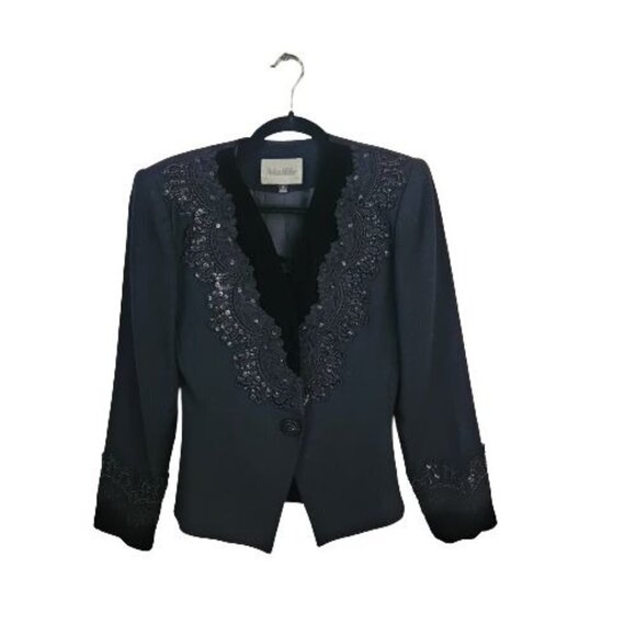 Nolan Miller Vintage 80s Black Wool Fully Embellished Jacket 2 Piece Set Size 4